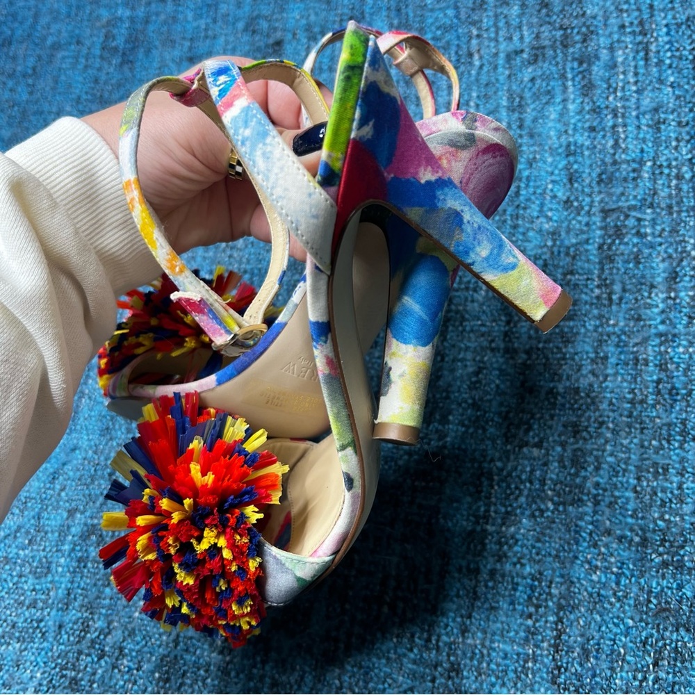 J.Crew Collection Raffia Bow Strappy Coloful Heels Made in Italy Women's 6.5 Pom - Picture 5 of 11